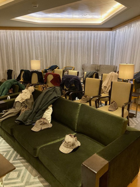 A cosy setting for the play. Each guest is gifted a Sherlock Holmes famous deerstalker hat A cosy setting for the play. Each guest is gifted a Sherlock Holmes famous deerstalker hat