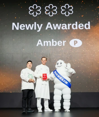 Amber culinary director Richard Ekkebus centre and chef de cuisine Terry Ho left Amber culinary director Richard Ekkebus centre and chef de cuisine Terry Ho left