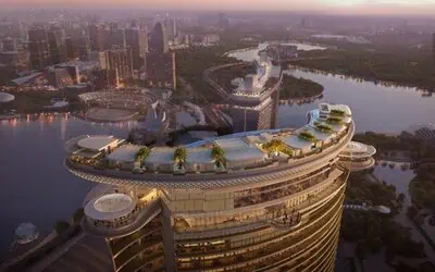 Sands Breaks Ground on New Ultra-Luxury Development in Singapore 4 Rendeing of the revolutionary Skyloop from an aerial perspective that highlights the distinct design of its twin wing