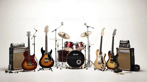 Products We Recommend 34 rock band solo guitar bass drums microphone on a black suitcase ai generative photo