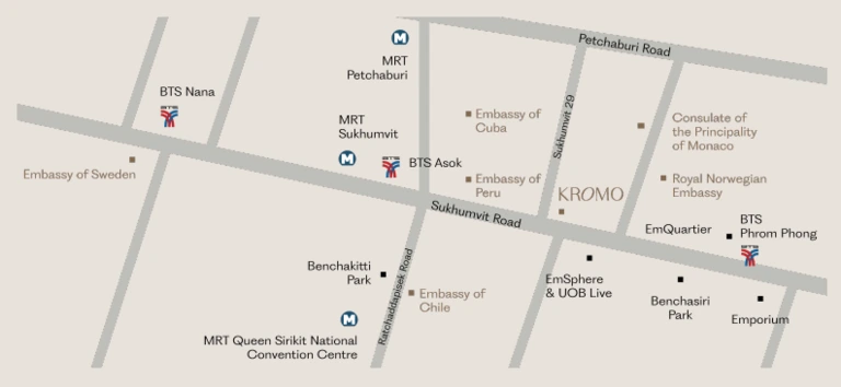 Location map showing KROMO Bangkok, Curio Collection by Hilton, in Sukhumvit Soi 29, central Bangkok