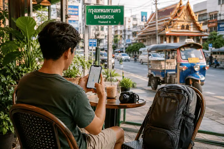 Traveler using smartphone navigation at a Bangkok café with a backpack beside the chair
