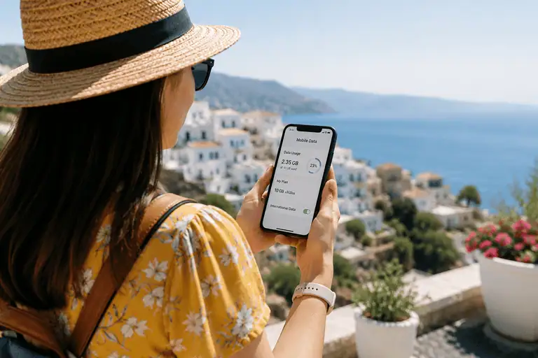 International traveller checking mobile data on holiday using a smartphone with a travel eSIM