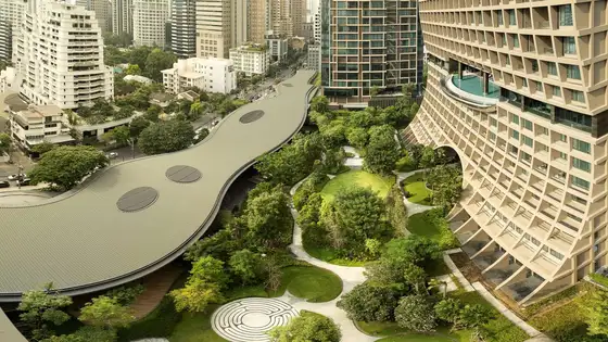 Lush gardens surrounding Sindhorn Kempinski Hotel Bangkok