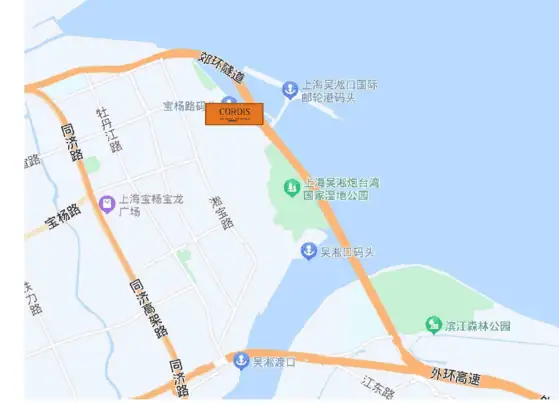 显示上海伊敦康得思酒店在上海市宝山区位置的地图,酒店靠近吴淞口国际邮轮港
