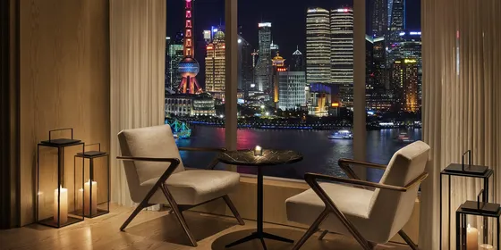 Punch Room at The Shanghai EDITION, an intimate bar lounge with warm wooden interiors and views of Pudong’s skyline