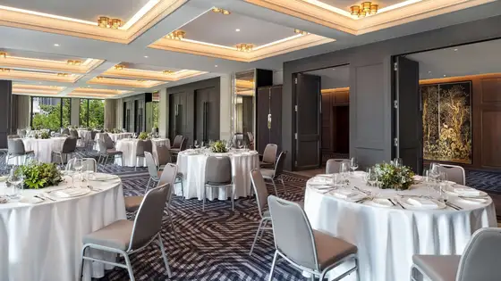 Grand ballroom prepared for a gala dinner at Sindhorn Kempinski Hotel Bangkok