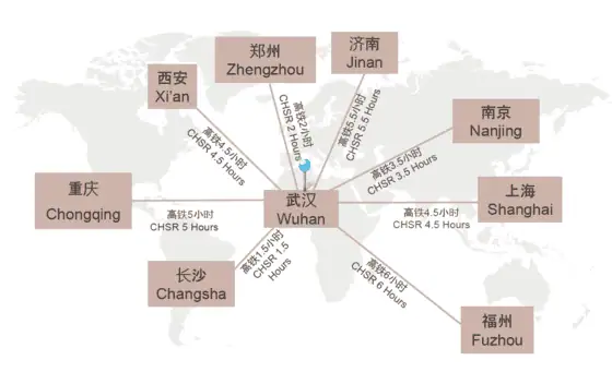 Map showing Wuhan's high-speed railway connections with major Chinese cities.