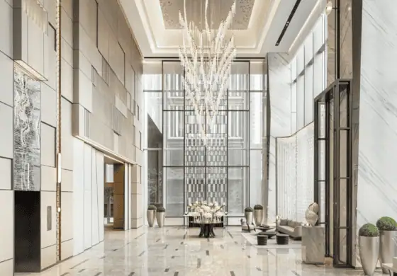 The Ritz-Carlton Wuhan 46th-floor arrival lobby with elegant interiors