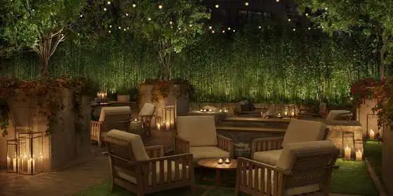 上海艾迪逊酒店屋顶花园,一座融合中式绿植与传统园艺的英式景观花园。
