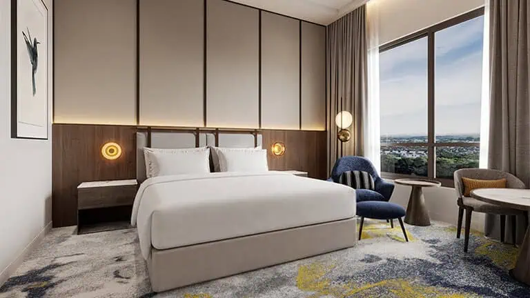 IHG Hotels & Resorts is expanding its Southeast Asia portfolio with voco Muar in Malaysia and Kimpton Phang-Nga Natai Beach in Thailand. Pictured: A rendering of a guestroom at voco Muar.