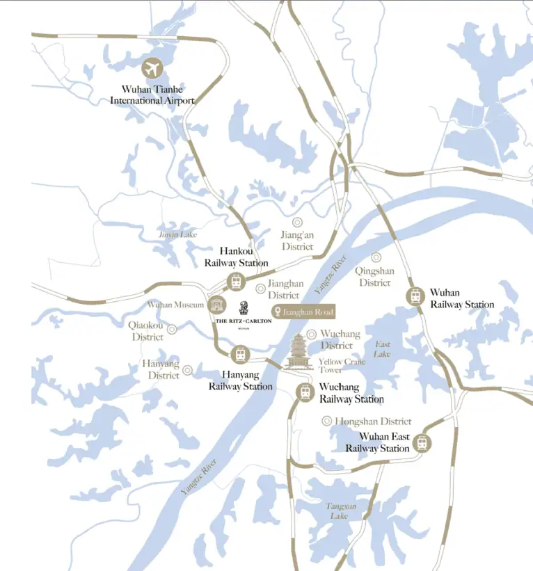 Location map showing The Ritz-Carlton Wuhan in Jianghan District, Wuhan