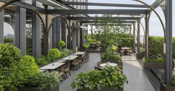 Brasserie 46 Terrace at The Ritz-Carlton Wuhan overlooking the Yangtze River and Wuhan skyline
