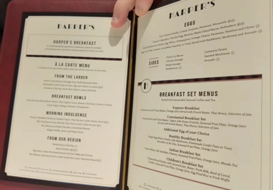 À la carte breakfast menu at Harper’s