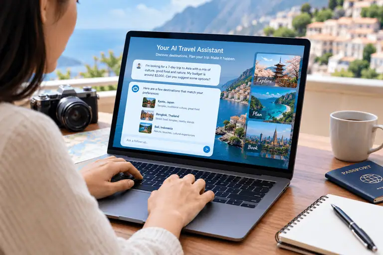 Traveler using an AI travel planning tool to research destinations and build an itinerary on a laptop