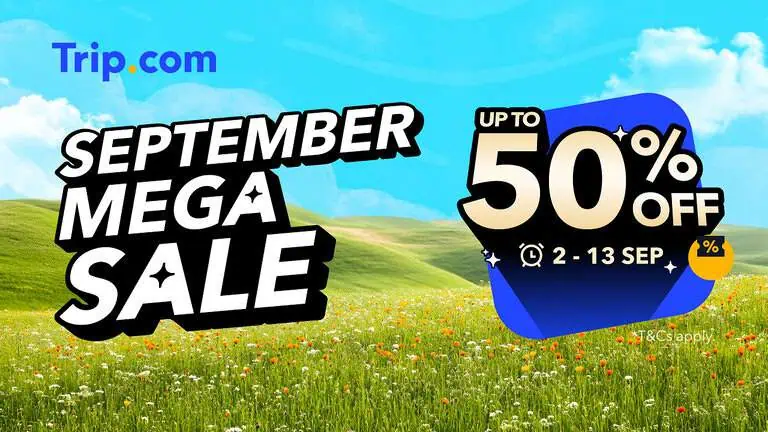 Trip.com September Mega Sale offering flights from $29 and discounts on hotels, attractions and travel services.
