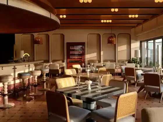 Swim Club's indoor main dining area