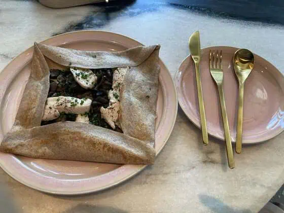 Woodland savoury crepe with chicken, mushrooms and spinach at Birdsong, Kimpton Tsim Sha Tsui Hong Kong.
